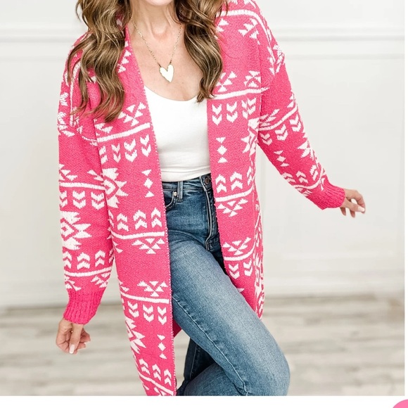 Savanna Jane Sweaters - Savanna Jane Women's Pink Open Front Cardigan Boho Southwestern Knit Sweater M